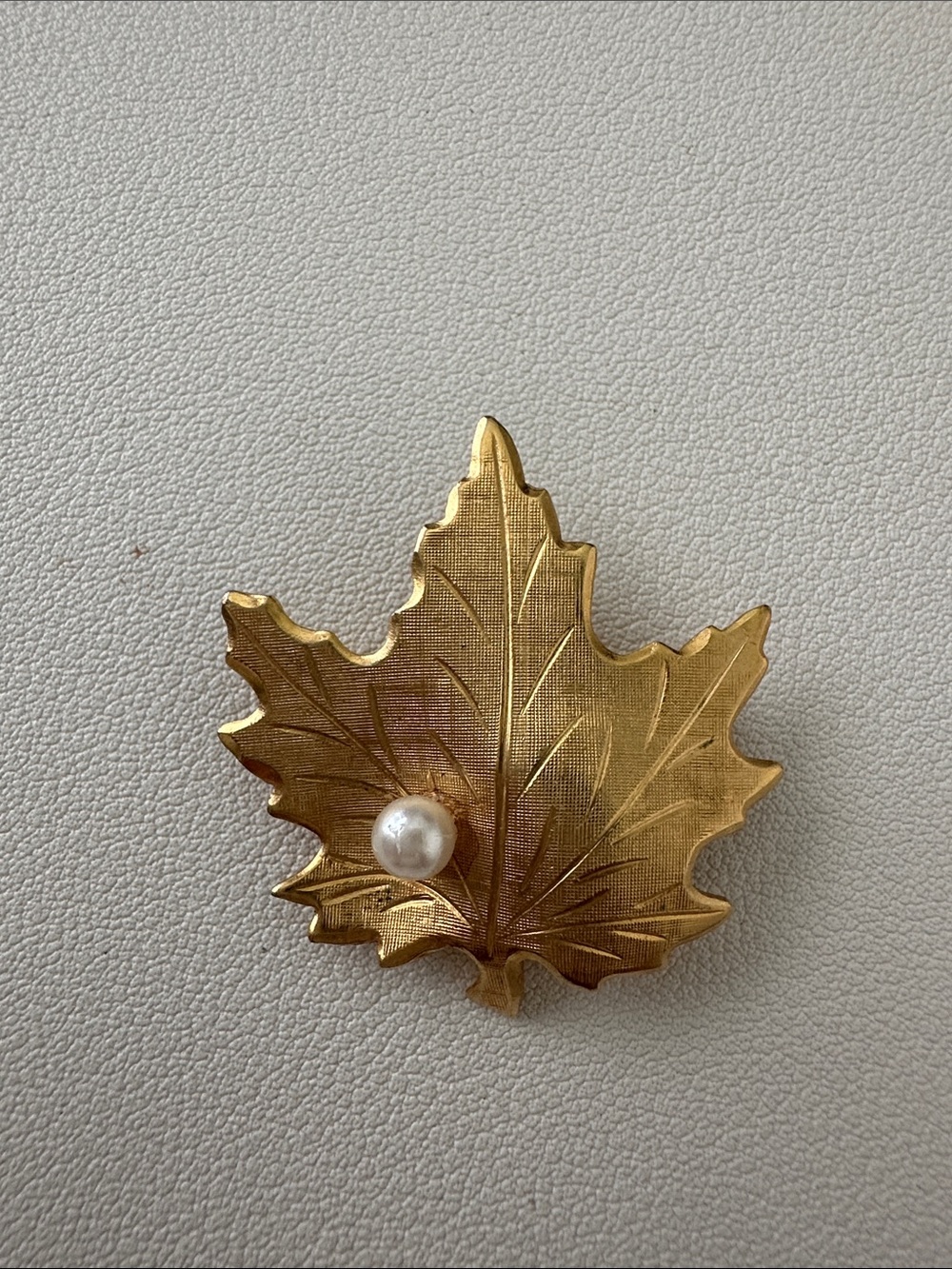 Gold Leaf Brooch with Faux Pearl Accent